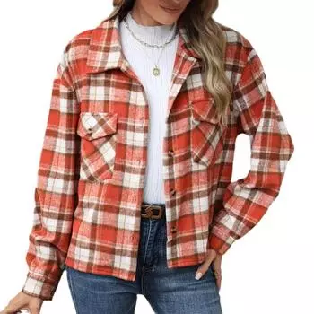 Осенне-зимняя женская куртка больших размеров с длинным рукавом и свободным карманом из твида в клетку S оранжевый