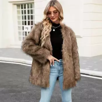 Осенне-зимняя женская куртка из искусственного меха с V-образным вырезом, теплая модная повседневная короткая верхняя часть, пальто большого размера из искусственного меха S чёрный