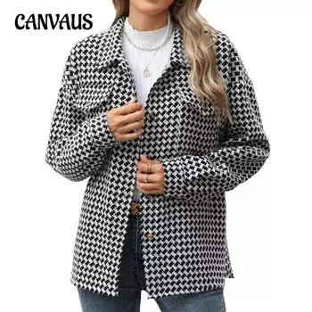 Осенне-зимняя женская куртка из твида с отворотами в клетку «Тысяча птиц» больших размеров с длинными рукавами и карманами S чёрный