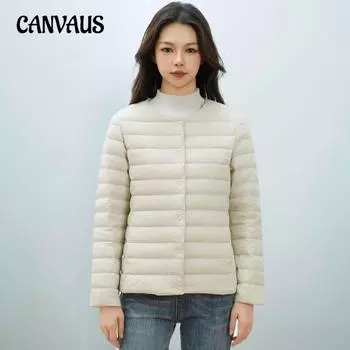 Осенне-зимняя женская куртка из утиного пуха плотностью 90% однотонная с круглым вырезом и V-образным вырезом с длинными рукавами S хаки