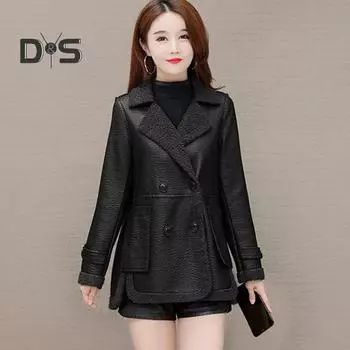 Осенне-зимняя женская куртка из утолщенного флиса из искусственной кожи в стиле пэчворк, двусторонняя, двусторонняя, средней длины, карманы больших размеров, двубортный воротник-стойка XXL чёрный