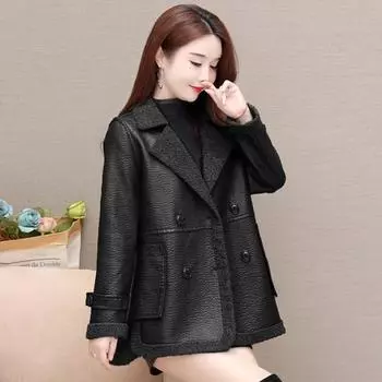 Осенне-зимняя женская куртка из утолщенного флиса из искусственной кожи в стиле пэчворк, двусторонняя, двусторонняя, средней длины, карманы больших размеров, двубортная, с вырезом L коричневый