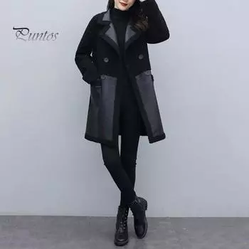 Осенне-зимняя женская куртка из утолщенной плюшевой искусственной кожи в стиле пэчворк средней длины с накладными карманами и двубортным отложным воротником, пальто XL коричневый