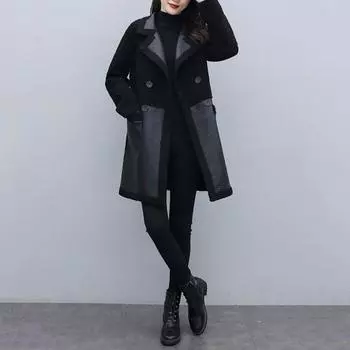 Осенне-зимняя женская куртка из утолщенной плюшевой искусственной кожи в стиле пэчворк средней длины с накладными карманами и двубортным отложным воротником, пальто XL коричневый