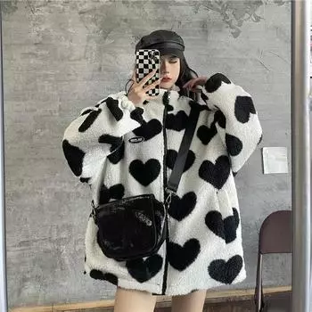 Осенне-зимняя женская куртка Love Lambswool Cotton с подкладкой, двусторонний воротник, куртка, теплая свободная куртка для пары XXL чёрный