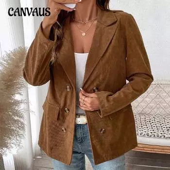 Осенне-зимняя женская куртка однотонный вельветовый блейзер S коричневый