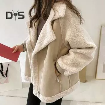 Осенне-зимняя женская куртка Плотная, сохраняющая тепло Свободный отложной воротник Длинные рукава Карманы на молнии Ветрозащитное пальто из овечьей шерсти с цветными блоками S хаки