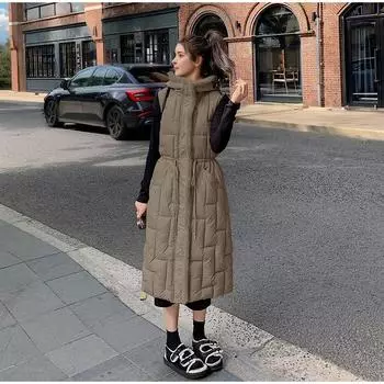 Осенне-зимняя женская куртка-пуховик с капюшоном, жилет длиной до талии, выше колена, модный утолщенный женский жилет L чёрный