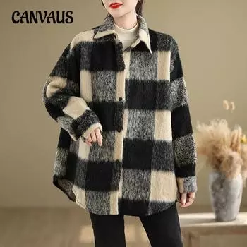 Осенне-зимняя женская куртка-рубашка больших размеров из твида в клетку One Size