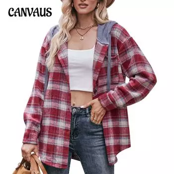 Осенне-зимняя женская куртка-рубашка, фланелевая куртка в клетку, повседневная рубашка с капюшоном, топ с длинными рукавами S красный