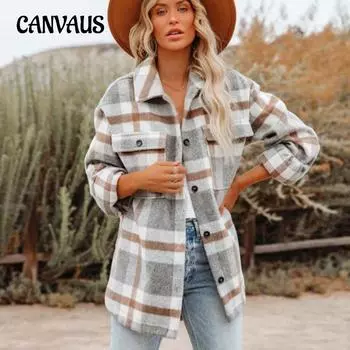 Осенне-зимняя женская куртка-рубашка, фланелевая твидовая рубашка с пуговицами в клетку, топы S хаки