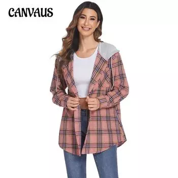 Осенне-зимняя женская куртка-рубашка, клетчатая толстовка с капюшоном, повседневная рубашка на пуговицах, куртка S чёрный