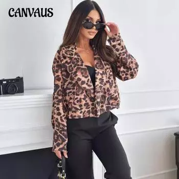 Осенне-зимняя женская куртка с длинным рукавом, короткий блейзер с леопардовым принтом S кофейный