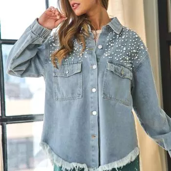 Осенне-зимняя женская куртка с длинными рукавами, джинсовые пальто с необработанными краями и заклепками M светло-синий