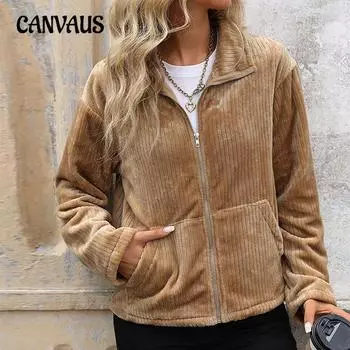 Осенне-зимняя женская куртка с лацканами, плюшевыми карманами, на молнии, однотонная куртка больших размеров S темные хаки