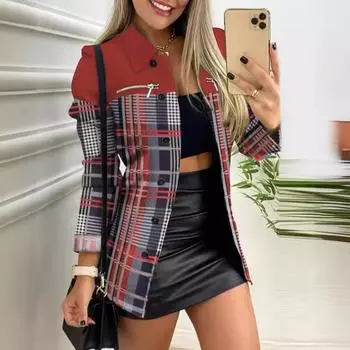 Осенне-зимняя женская куртка с лацканами с длинным рукавом и застежкой-молнией с цветными блоками S красный