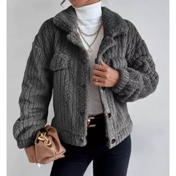 Осенне-зимняя женская куртка с лацканами, удобная повседневная женская утолщенная плюшевая куртка S коричневый