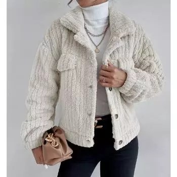 Осенне-зимняя женская куртка с лацканами, удобная повседневная женская утолщенная плюшевая куртка S чёрный