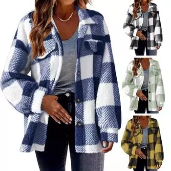 Осенне-зимняя женская куртка с ложными карманами, контрастный клетчатый принт, отложной воротник, однобортный кардиган с длинными рукавами, плюшевое пальто большого размера M синий