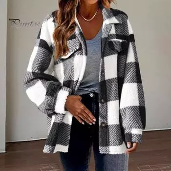 Осенне-зимняя женская куртка с ложными карманами, контрастный клетчатый принт, отложной воротник, однобортный кардиган с длинными рукавами, плюшевое пальто большого размера S хаки