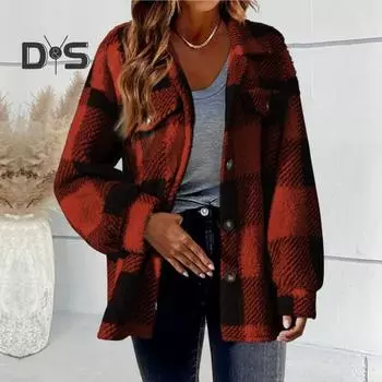 Осенне-зимняя женская куртка с ложными карманами, контрастный клетчатый принт, отложной воротник, однобортный кардиган с длинными рукавами, плюшевое пальто большого размера M зелёный