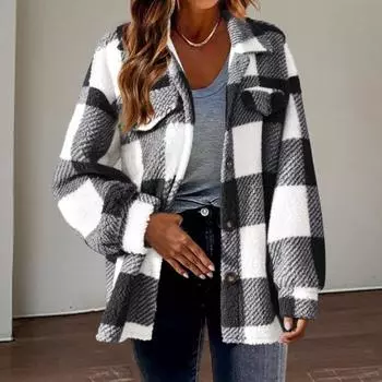 Осенне-зимняя женская куртка с ложными карманами, контрастный клетчатый принт, отложной воротник, однобортный кардиган с длинными рукавами, плюшевое пальто большого размера S светло-зеленый
