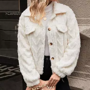 Осенне-зимняя женская куртка с отложным воротником, толстая двухсторонняя плюшевая ветрозащитная верхняя одежда, однобортная, однотонная, на пуговицах, для ежедневных поездок на работу S белый