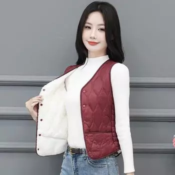 Осенне-зимняя женская куртка с подкладкой, утолщенная, 2024, новое однотонное легкое тонкое короткое теплое пальто без рукавов M вино красного