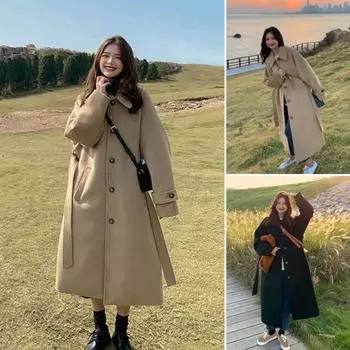 Осенне-зимняя женская куртка с поясом, толстый свободный отложной воротник, куртка для поездок на работу, однобортное пальто средней длины в корейском стиле M чёрный