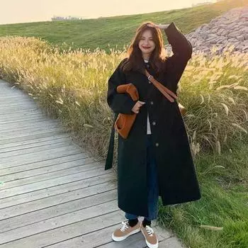 Осенне-зимняя женская куртка с поясом, толстый свободный отложной воротник, куртка для поездок на работу, однобортное пальто средней длины в корейском стиле, верхняя одежда M чёрный