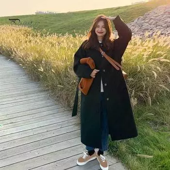 Осенне-зимняя женская куртка с поясом, толстый свободный отложной воротник, куртка для поездок на работу, однобортное пальто средней длины в корейском стиле, верхняя одежда для S хаки