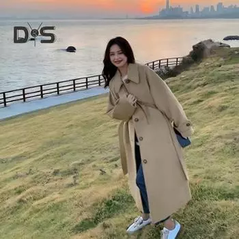 Осенне-зимняя женская куртка с поясом, толстый свободный отложной воротник, куртка для поездок на работу, однобортное пальто средней длины в корейском стиле, верхняя одежда для M чёрный