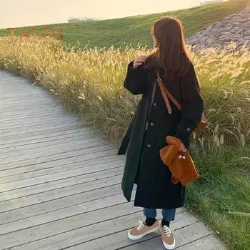 Осенне-зимняя женская куртка с поясом, толстый свободный отложной воротник, куртка для поездок на работу, однобортное пальто средней длины в корейском стиле, верхняя одежда для S хаки