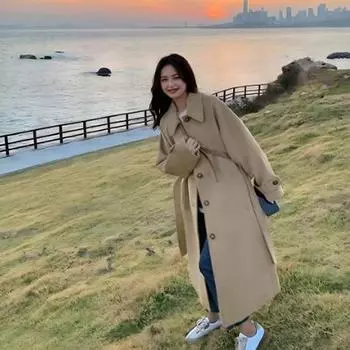 Осенне-зимняя женская куртка с поясом, толстый свободный отложной воротник, куртка для поездок на работу, однобортное пальто средней длины в корейском стиле, верхняя одежда M чёрный