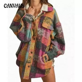 Осенне-зимняя женская куртка с рукавами «летучая мышь», однобортная куртка с лацканами, клетчатая куртка-кардиган с длинными рукавами, куртка-рубашка M серый