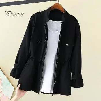 Осенне-зимняя женская куртка с воротником-стойкой, нагрудными карманами, застежкой-молнией, узкая талия, однотонная, средней длины, для путешествий, шопинга, поездок на работу M чёрный