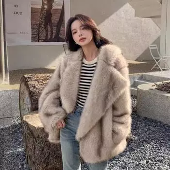 Осенне-зимняя женская куртка средней длины из искусственного меха с отворотами свободного покроя S серый