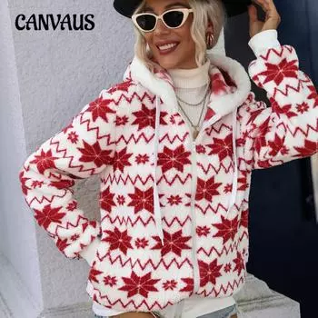 Осенне-зимняя женская куртка, свободный кардиган на молнии с капюшоном, флисовая куртка с принтом, рождественская ветровка S