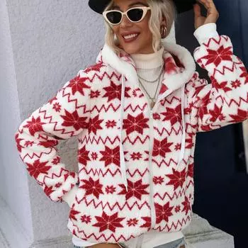 Осенне-зимняя женская куртка, свободный кардиган на молнии с капюшоном, флисовая куртка с принтом, рождественская ветровка S