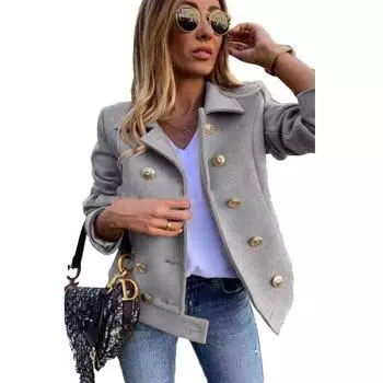 Осенне-зимняя женская куртка, тонкий твидовый пиджак с длинными рукавами, двубортный костюмный воротник S хаки