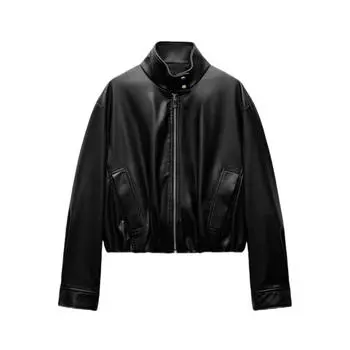 Осенне-зимняя женская куртка в уличном стиле с длинным рукавом и воротником-стойкой из искусственной кожи XS чёрный