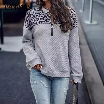 Осенне-зимняя женская леопардовая принтованная толстовка на молнии с короткими рукавами, повседневный теплый свитер с длинными рукавами S серый