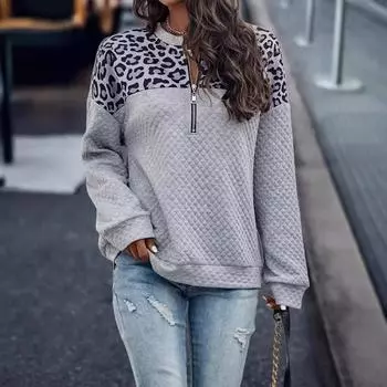 Осенне-зимняя женская леопардовая принтованная толстовка на молнии с короткими рукавами, повседневный теплый свитер с длинными рукавами S серый