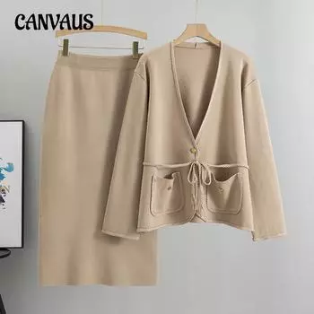 Осенне-зимняя женская маленькая вязаная юбка в парфюмерном стиле из двух предметов, свободная повседневная юбка до середины тела, костюм, юбка-свитер