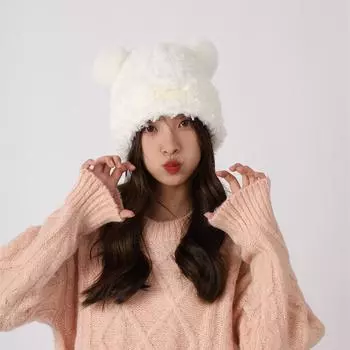 Осенне-зимняя женская милая плюшевая защитная вязаная шапка с плюшевым мишкой, универсальная и теплая шерстяная шапка с двойным шариком one size белый