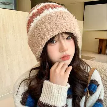 Осенне-зимняя женская милая шапка плюшевая новая вязаная шапка универсальная термозащитная шапка для ушей утолщенная модная студенческая шапка легкие хаки