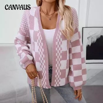 Осенне-зимняя женская мода больших размеров, повседневный трикотаж, свободный свитер-кардиган с V-образным вырезом в клетку и цветными блоками S розовый