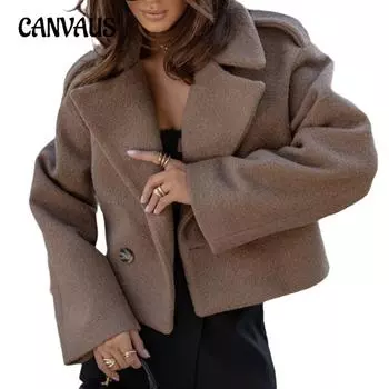 Осенне-зимняя женская мода больших размеров с воротником из однотонного твидового пиджака S чёрный