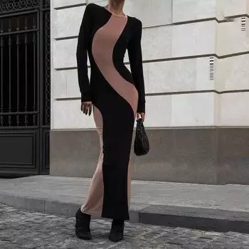 Осенне-зимняя женская мода контрастного цвета с круглым вырезом и длинным рукавом с сумкой на бедрах, темпераментное платье S чёрный