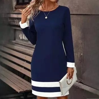 Осенне-зимняя женская мода обтягивающие платья с цветными блоками и длинным рукавом с круглым вырезом S чёрный